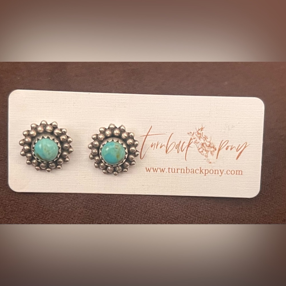 Turquoise Silver Floral Stud Earrings